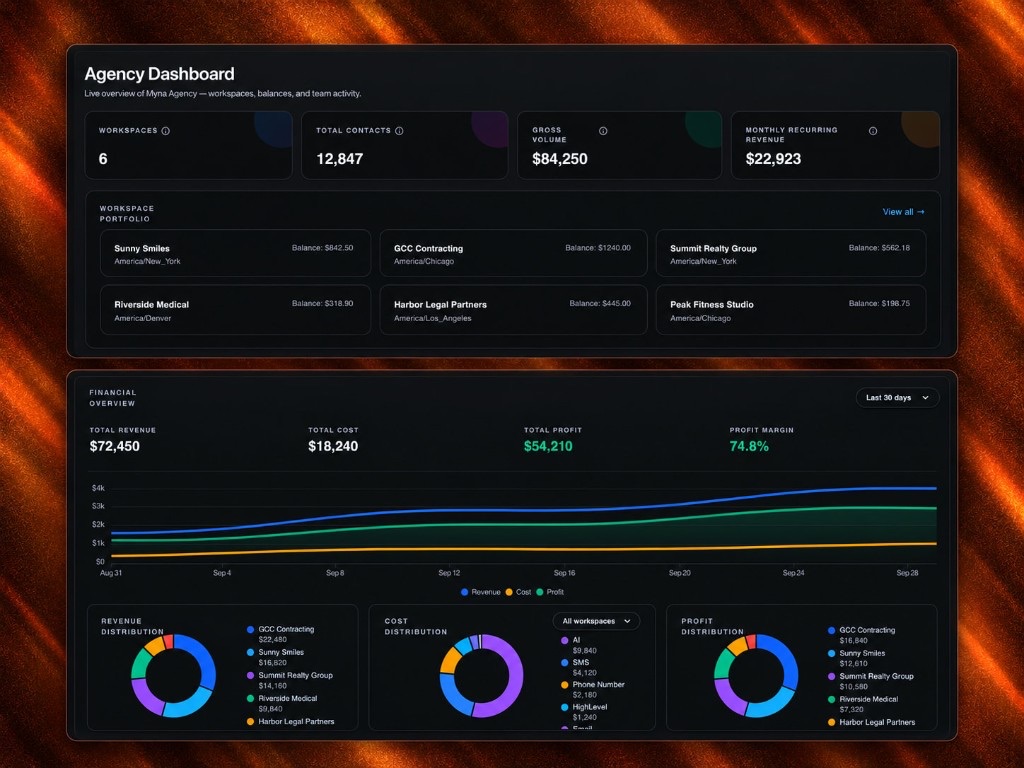 Agency dashboard with workspaces, revenue, costs, profit, and financial overview