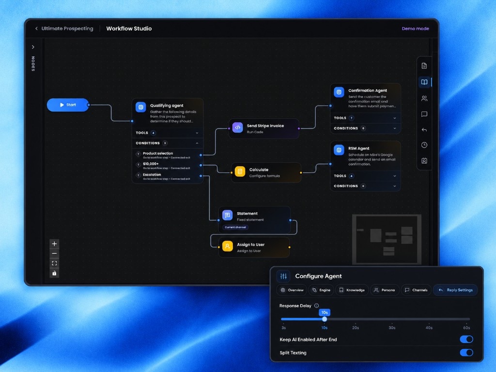 Workflow Studio canvas with connected sub-agents, triggers, and operations