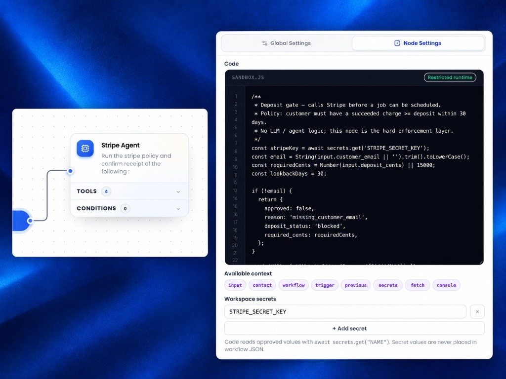 Workflow node settings with custom JavaScript sandbox, workspace secrets, and available context