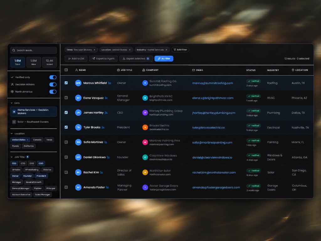 Radar outreach view listing B2B leads, local businesses, and creators