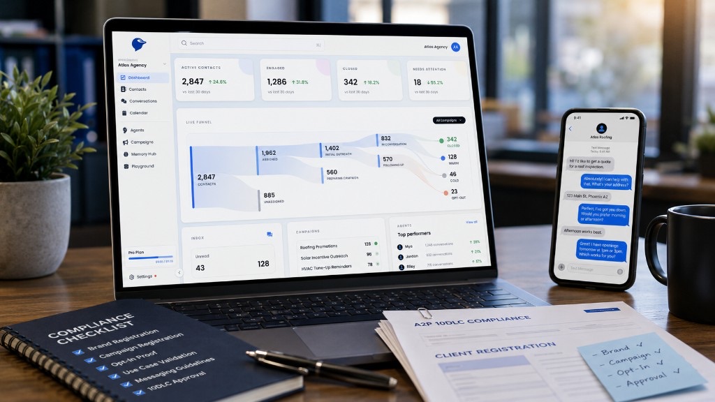 Agency dashboard with A2P 10DLC compliance checklist, client registration forms, and SMS conversation