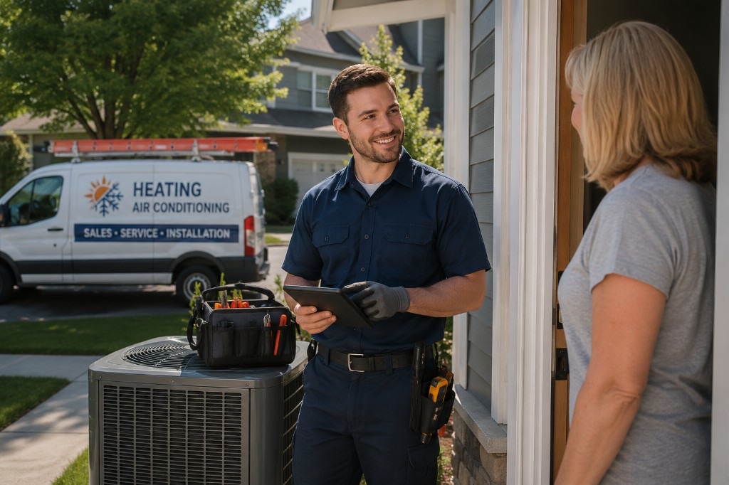 HVAC technician at a customer's home using a tablet beside an air conditioning unit and service van