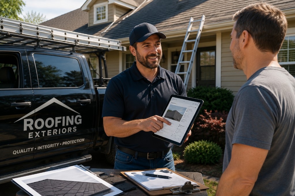 Roofing contractor showing a homeowner roof inspection details on a tablet beside a service truck