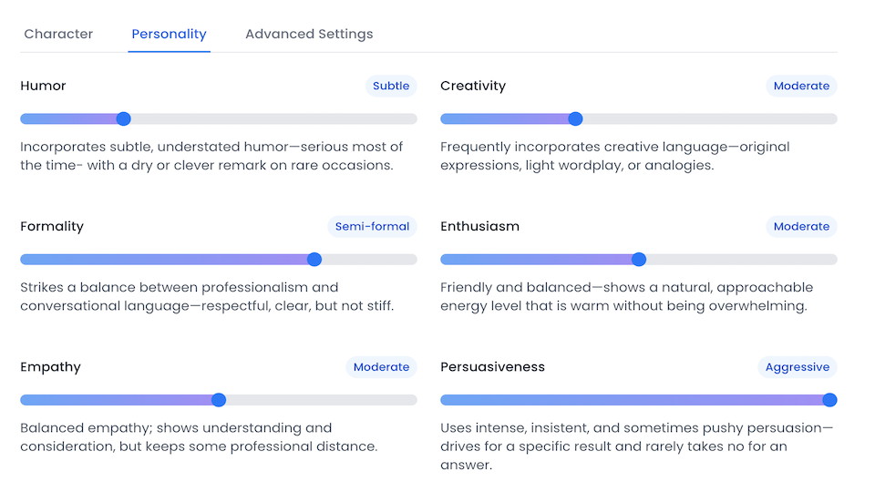 Myna personality builder sliders including empathy, formality, and humor settings