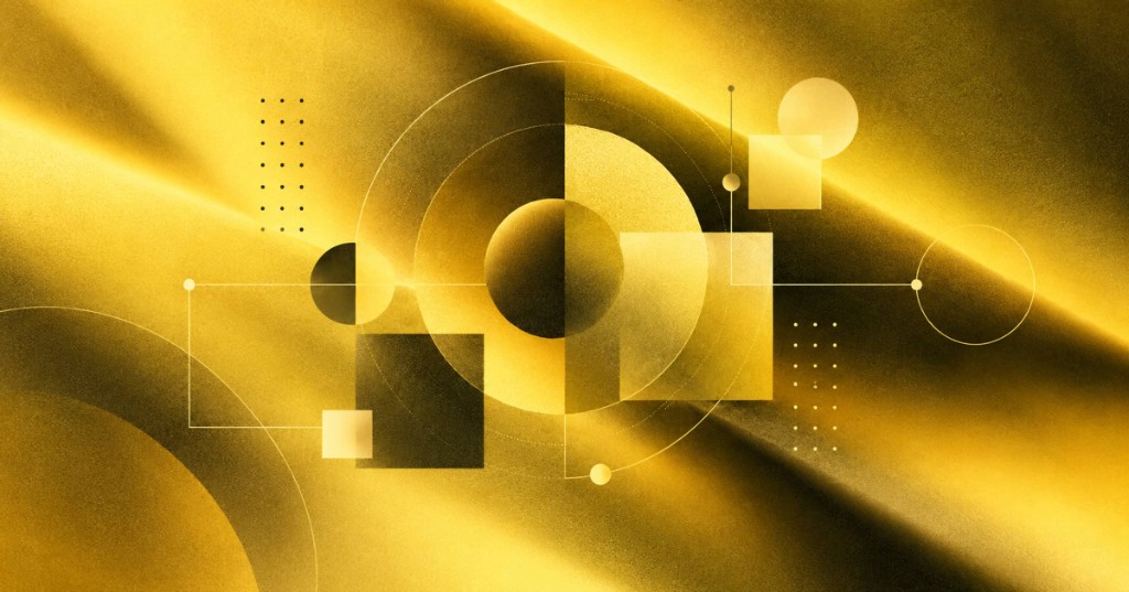 Gold abstract header of circles, squares, and connecting lines