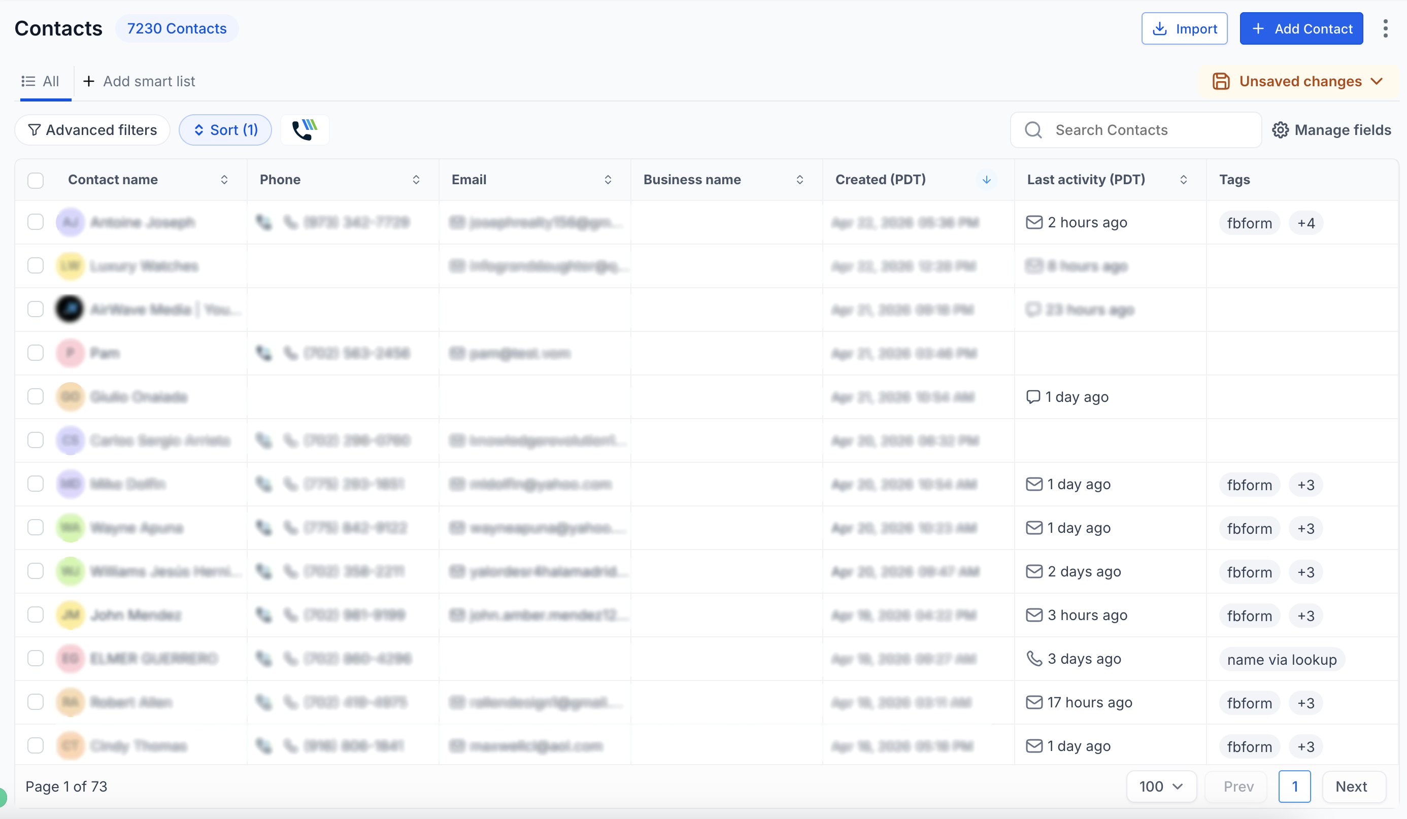 Caballero's Electric dormant lead list inside GoHighLevel CRM — 2,819 contacts that hadn't been engaged in months