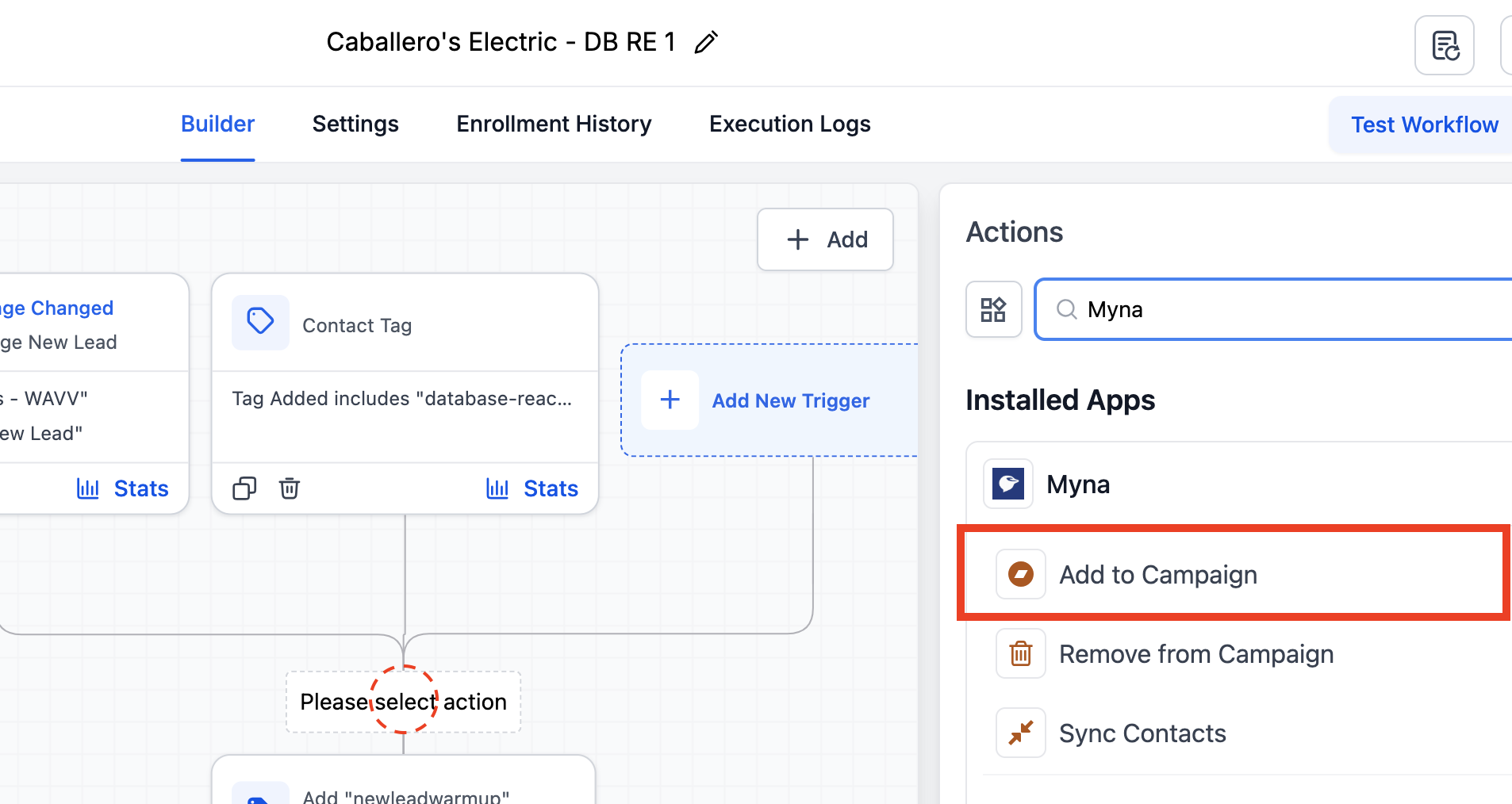 Myna AI SMS reactivation campaign running inside GoHighLevel for Caballero's Electric