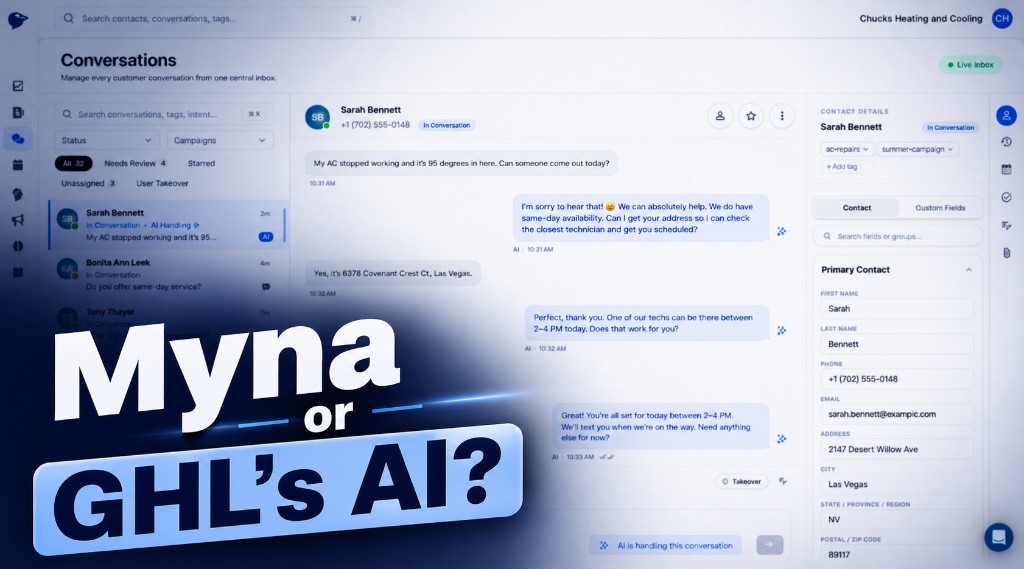Myna versus GoHighLevel AI comparison over an AI-managed customer conversation dashboard