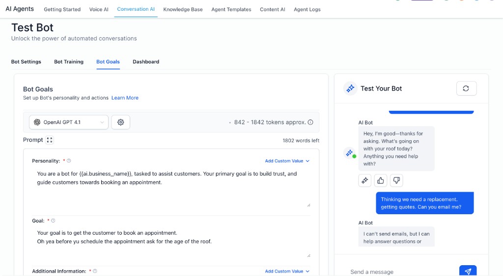 HighLevel Conversation AI prompt-based bot goals setup showing personality, goal instructions, and bot testing panel