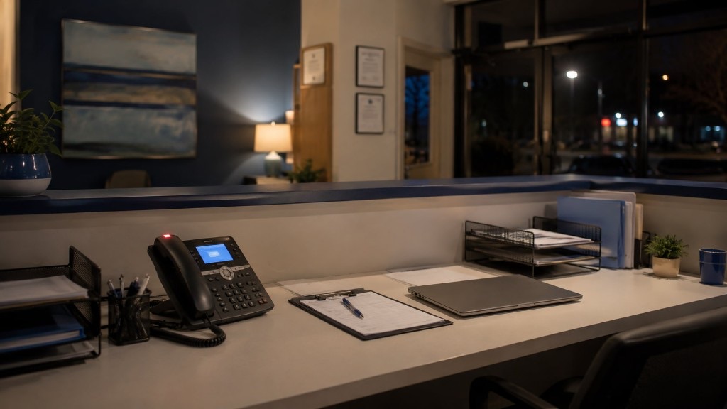 Empty reception desk after hours with a ringing phone and no one available to answer
